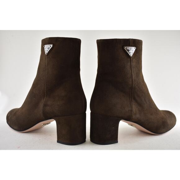 Prada 55MM Moro Chocolate Brown Suede Logo Short Ankle Block Heel Bootie 37.5 - Picture 13 of 16